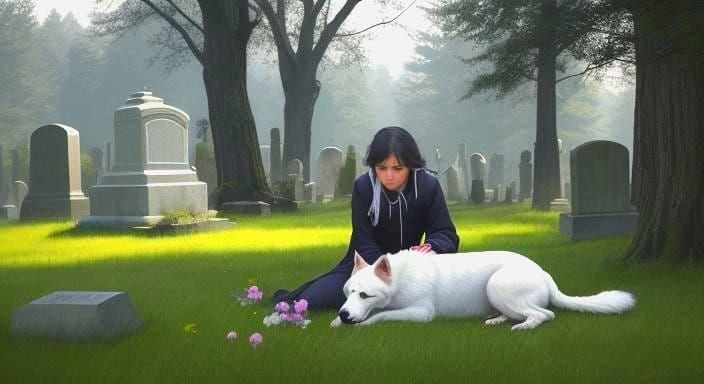 Ethereal Ghost Girl and Dog in Cemetery