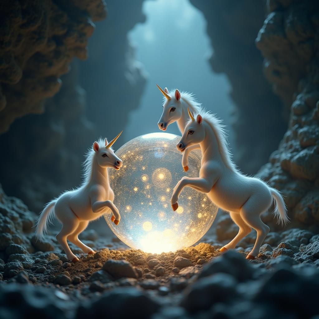 Crystal Orb with Baby Unicorns in Majestic Cave