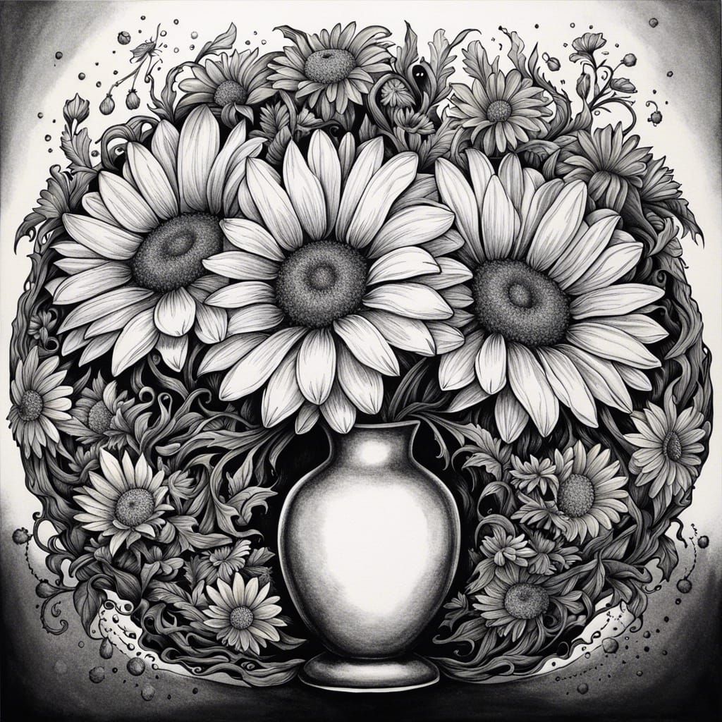 Intricate Ink Drawing of Daisies in Vase