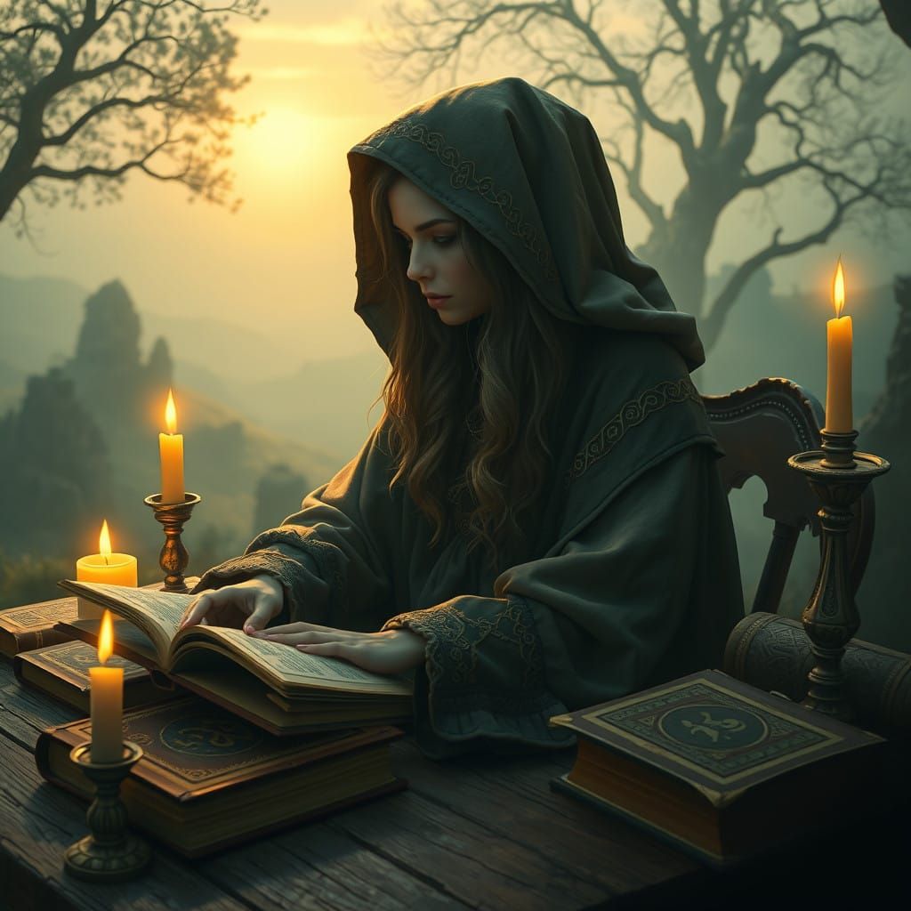 Mystical Scholar Unveils Ancient Secrets in Dreamlike Study