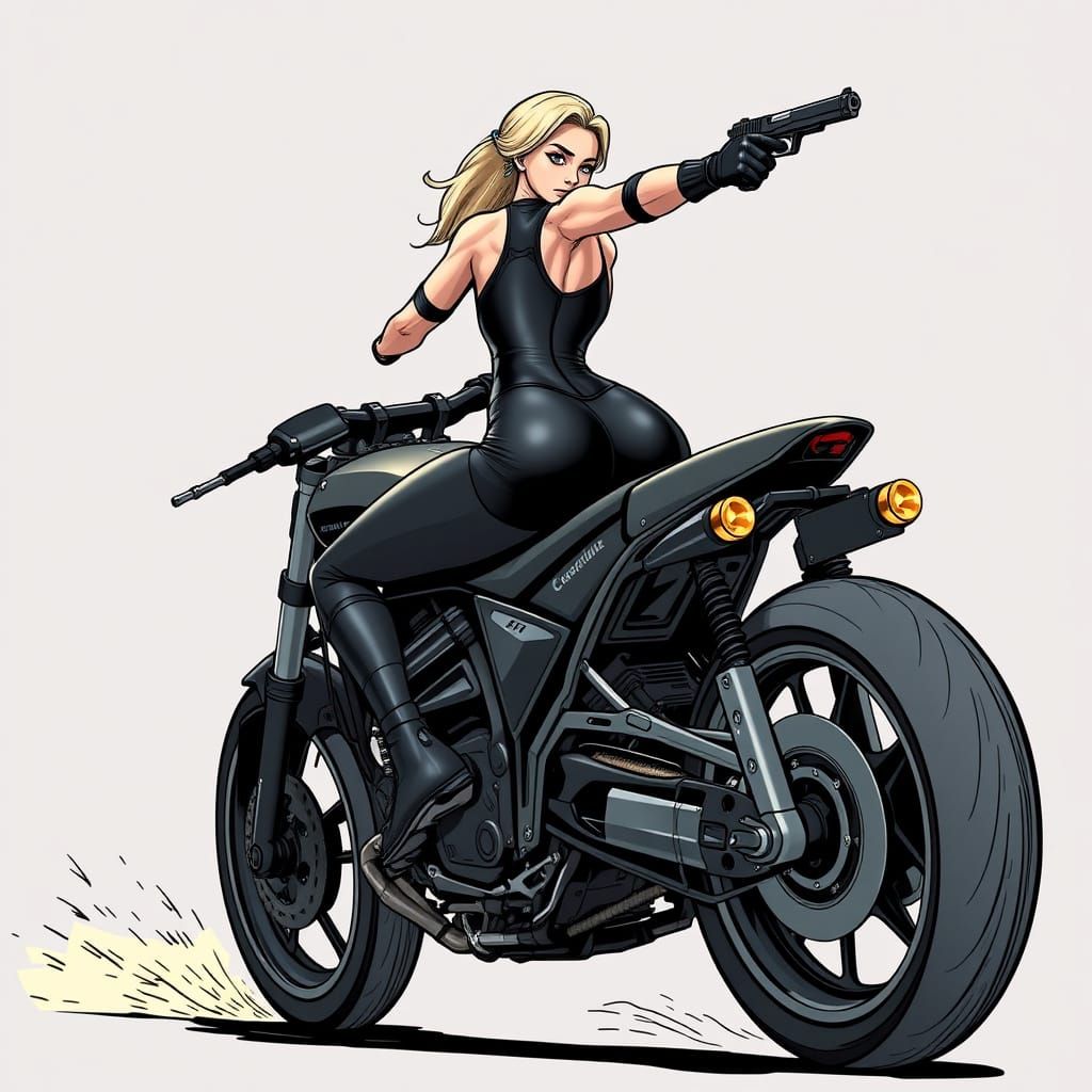 Motorcycle Rider Aims Pistol in Cyberpunk Style