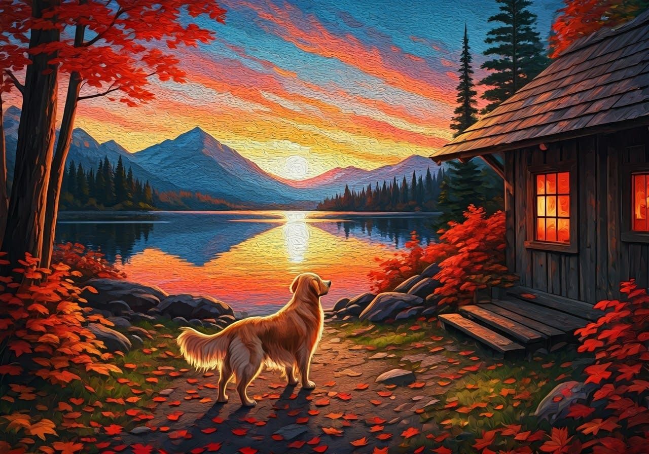 Golden Retriever at Autumn Sunset, Van Gogh Style