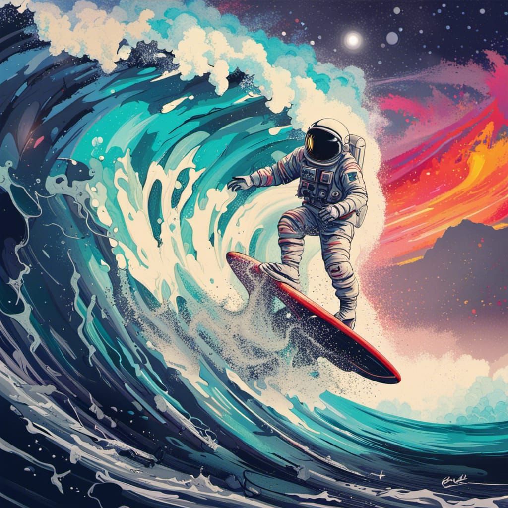 Astronaut Surfing a Wave in Graffiti Art Style
