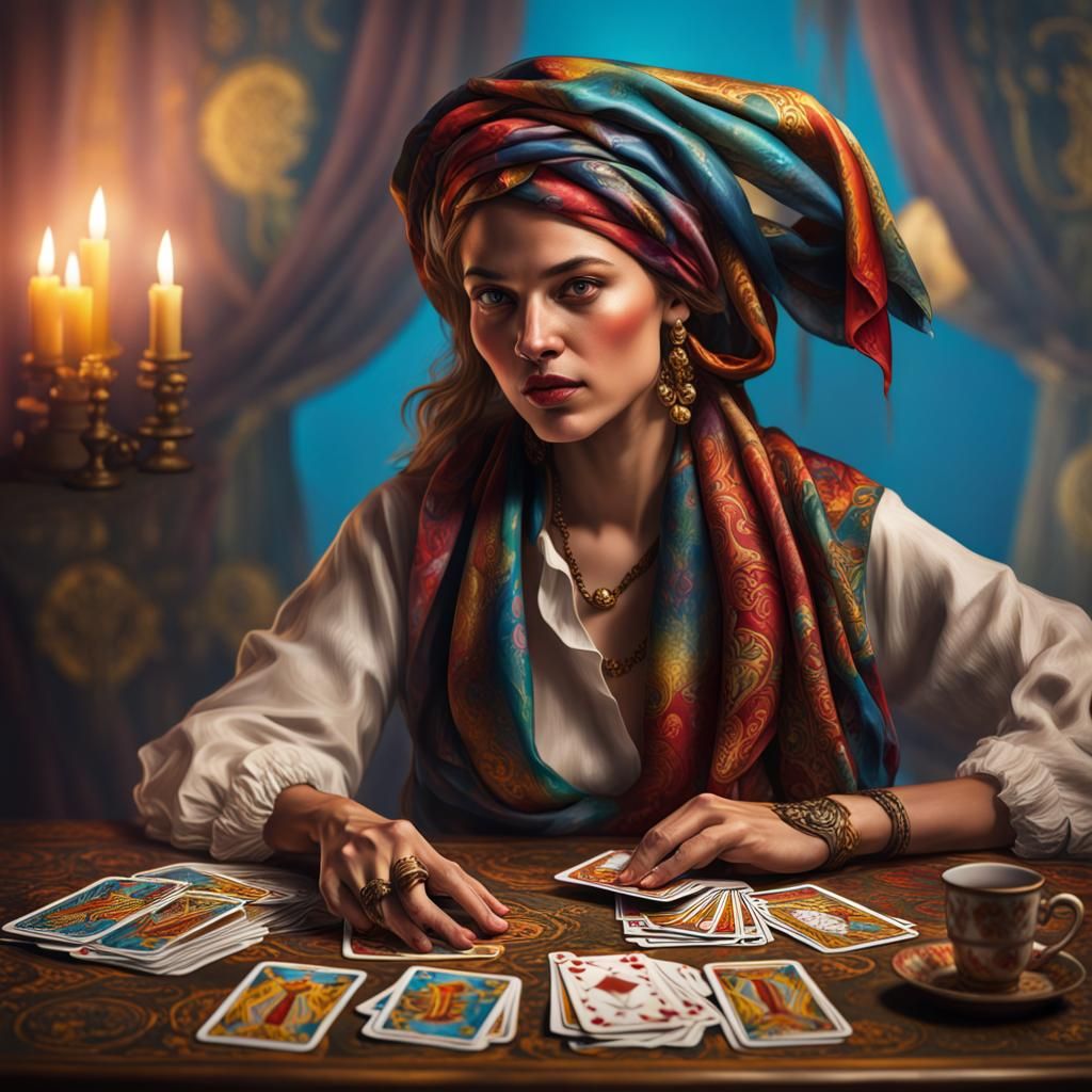 Romani Tarot Reader in Hyperrealistic Splash Art