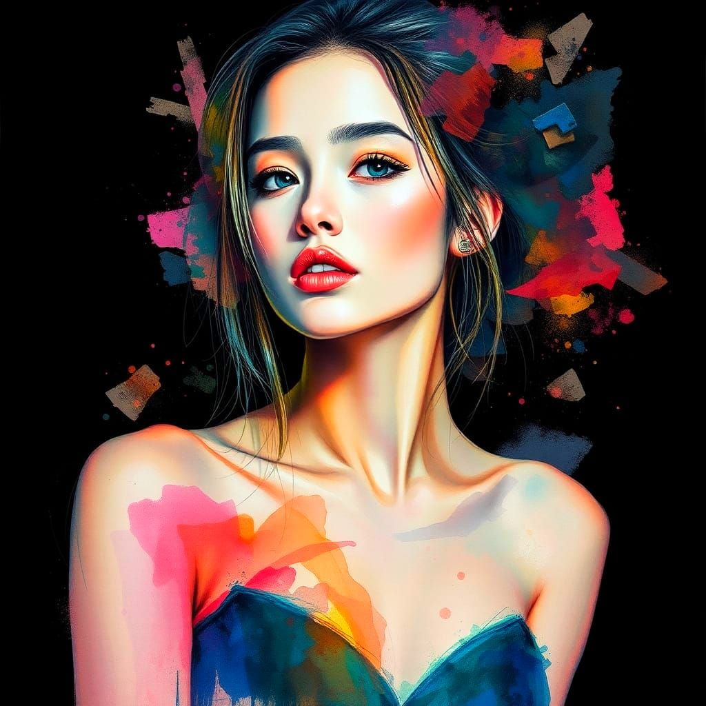 Watercolor Double Exposure Portrait on Black