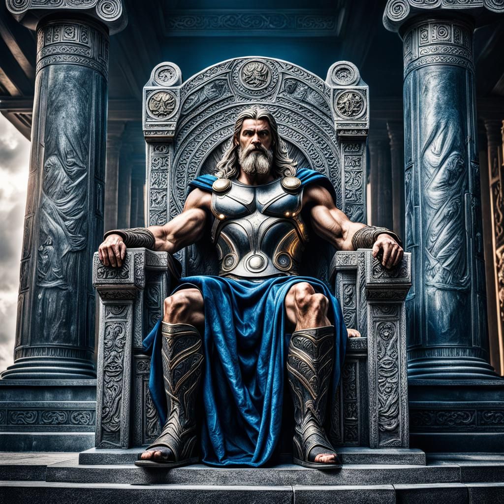 Greek God Thor sits on his throne in Olympus