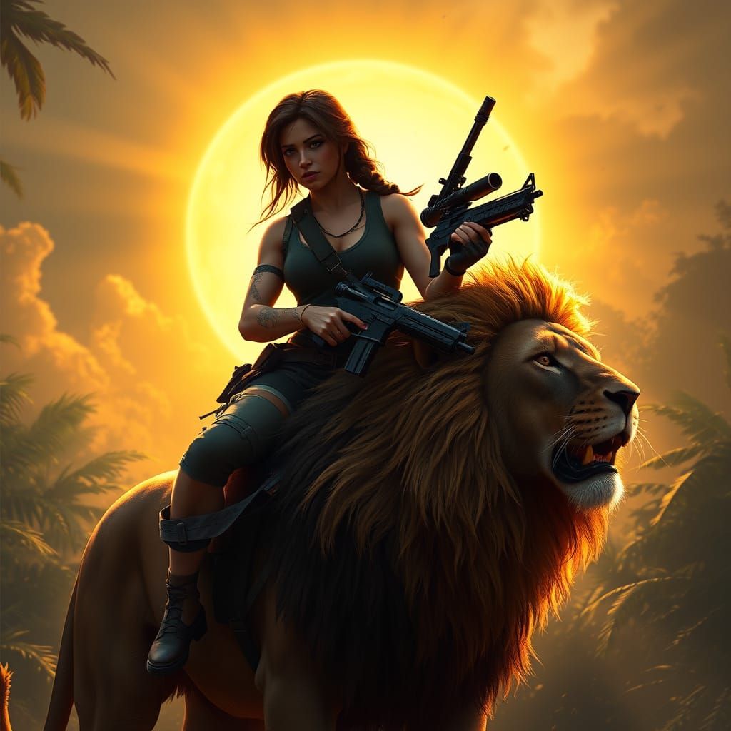 Regal Lara Croft on Lion Throne, Guns Drawn in Jungle Majest...
