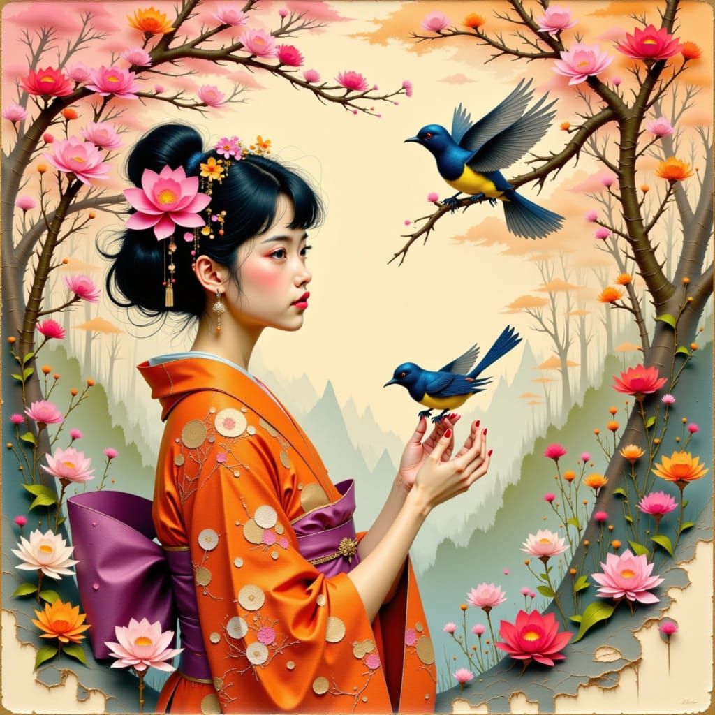 Woman in Kimono with Blossoms, Expressive Inksplash Style