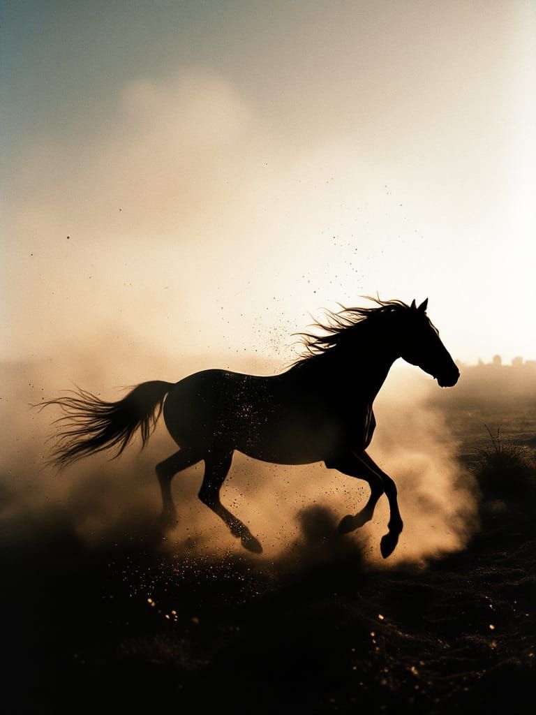 Wild Horse Galloping in Golden Hour Horror Light