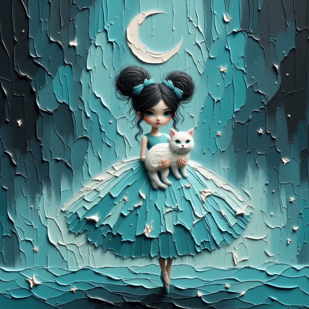 Elegant Moonchild in Ethereal Gown Holding Cat Amidst Stars