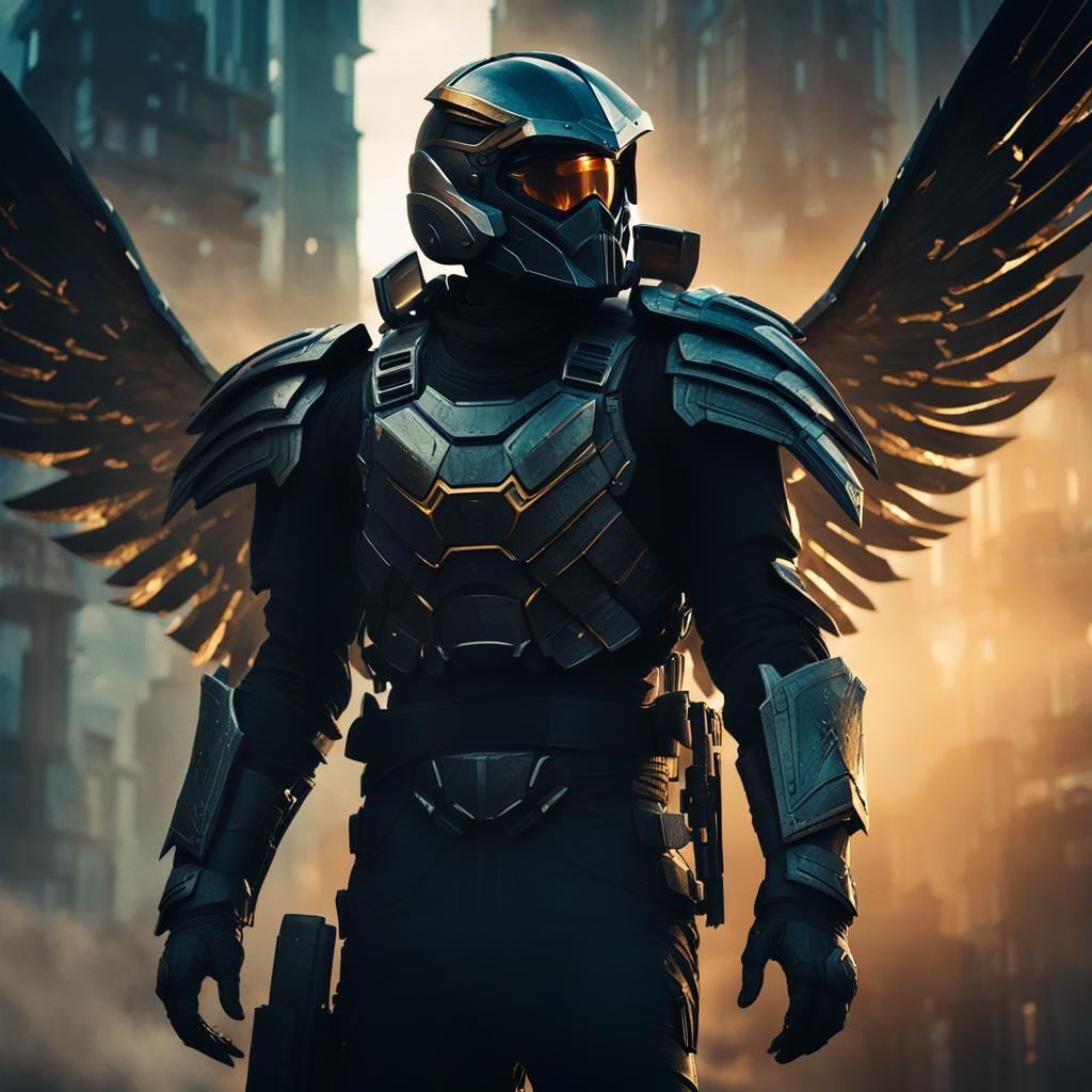 Futuristic Soldier with Black Wings in Dark Armor