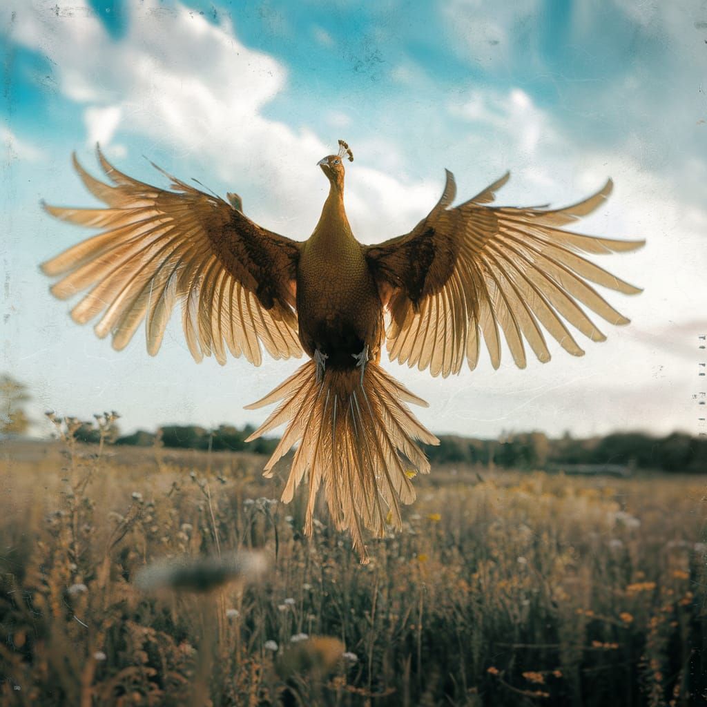 Golden Peacock in Flight: Cinematic Film Still