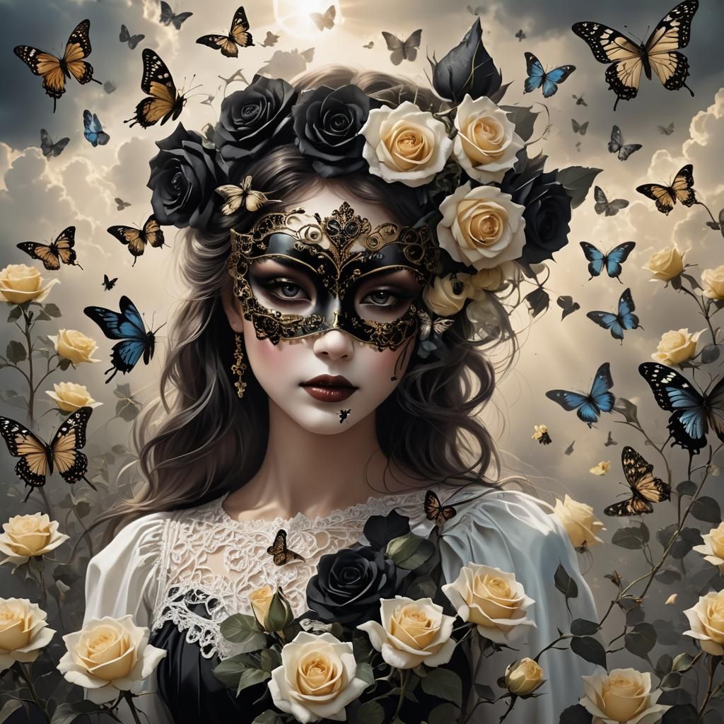 Masked Beauty with Roses and Butterflies