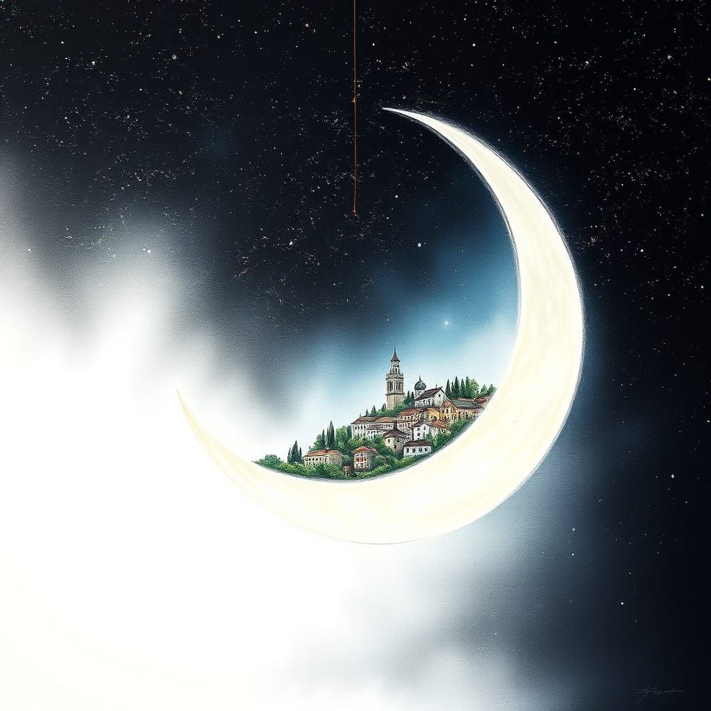 Pencil Tip Transforms into Fantasy Town Under Ethereal Moon