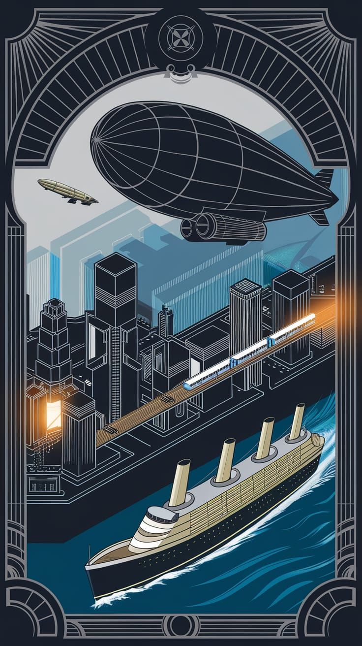 Art Deco Cityscape with Zeppelin and Ocean Liner
