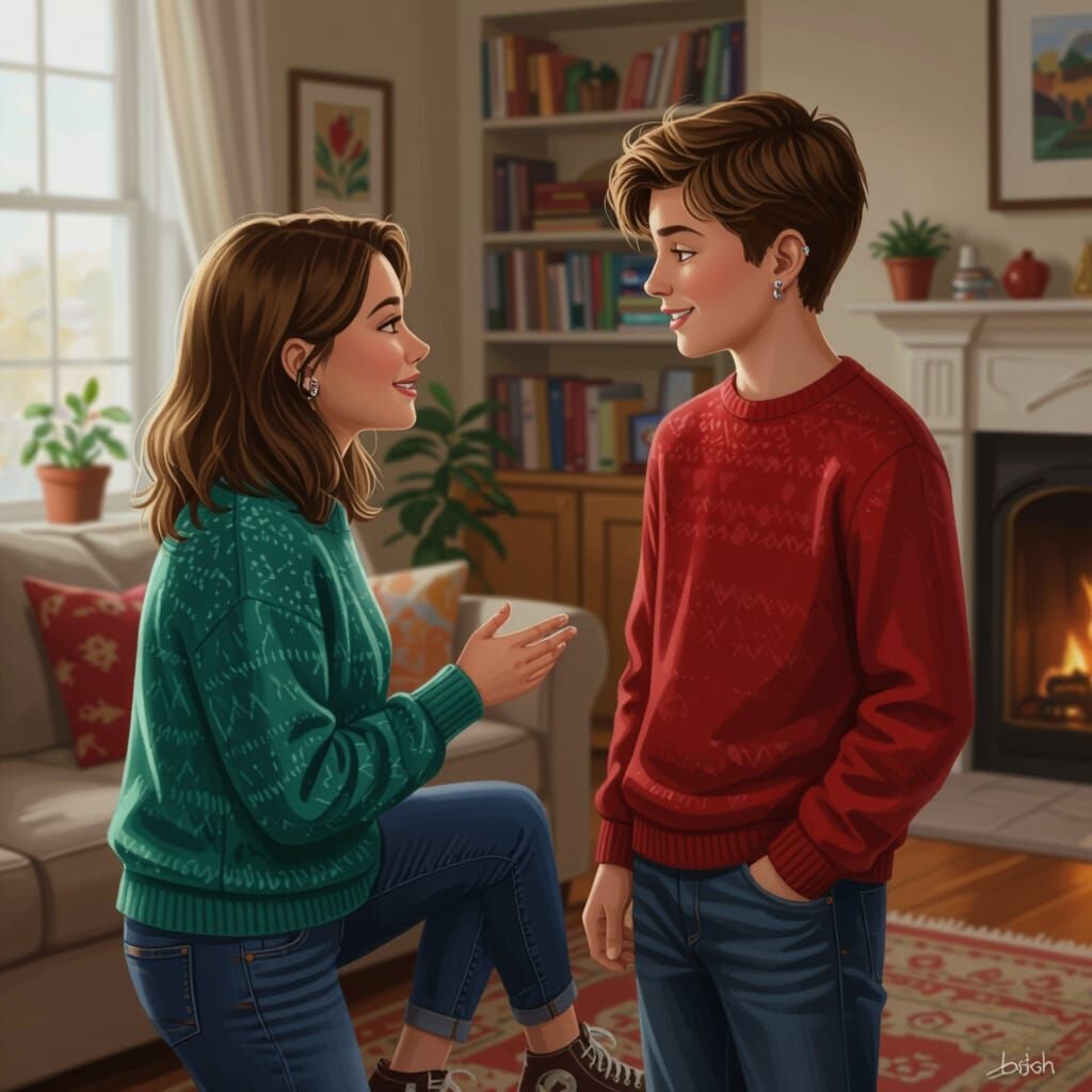 Teen and Mother in Cozy Living Room