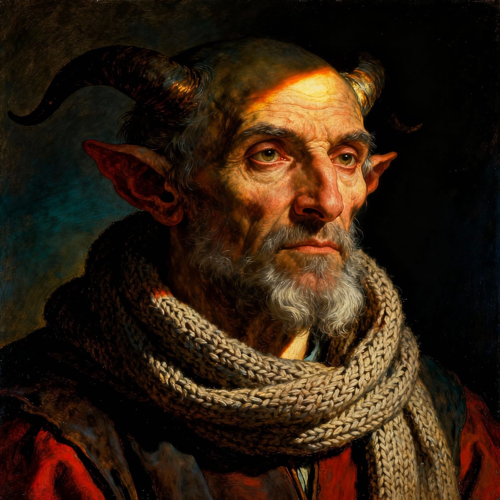 Grizzled Tiefling Ascetic with Knit Scarf in Dynamic Lightin...