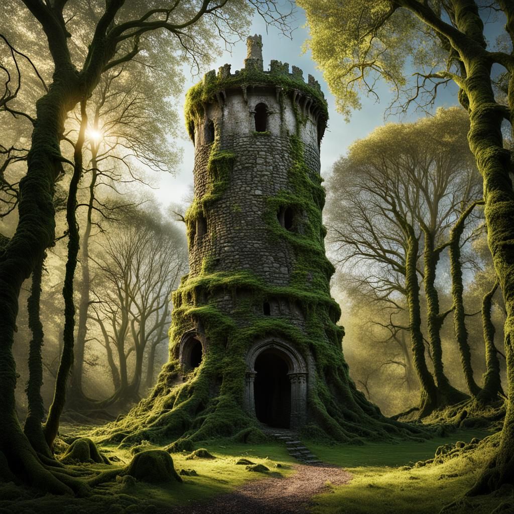 Ruined Wizard Tower in Dark Fantasy Landscape