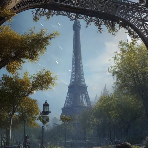 Eiffel Tower in Lush Garden: Fantasy Concept Art