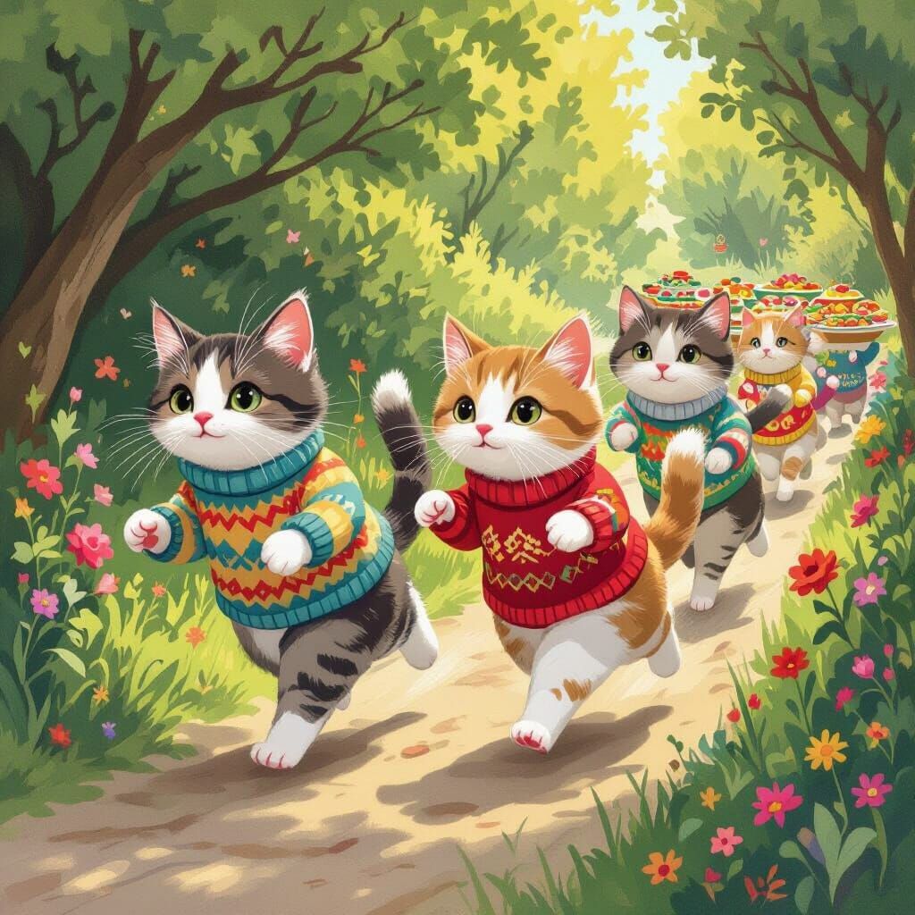Cats in Sweaters Race to Buffet, Art Nouveau Style
