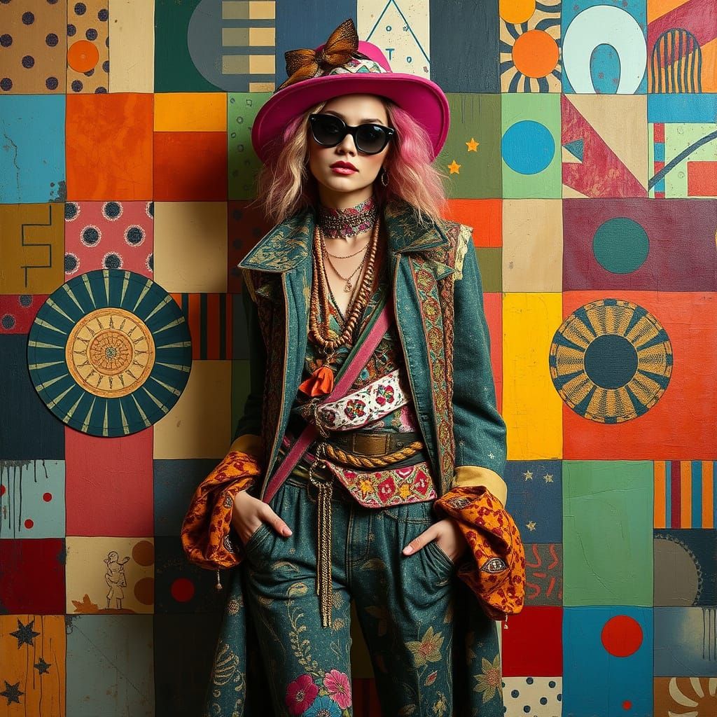 Fashion Model in Surreal Quilt-Patterned Setting