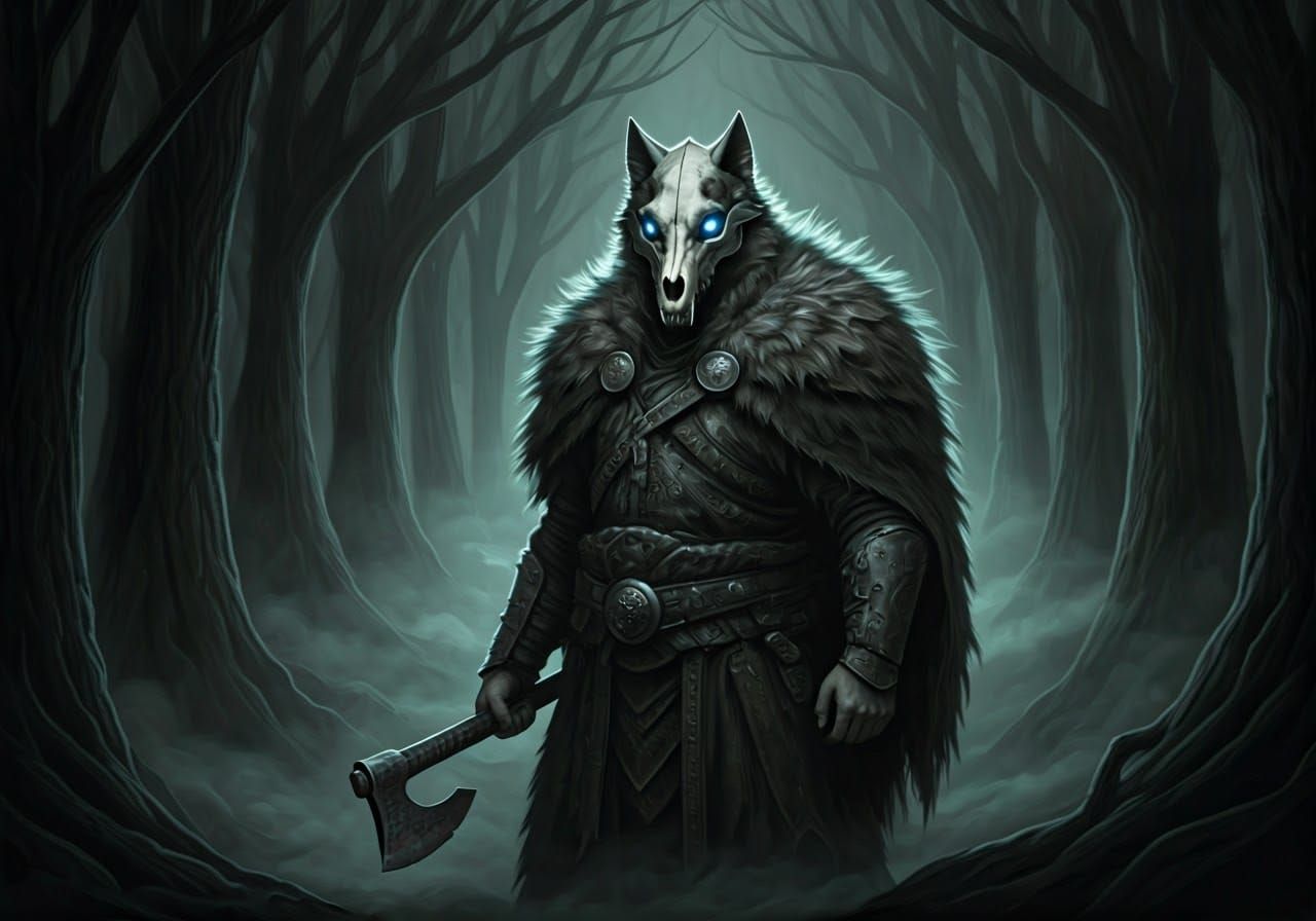 Wolf Skull Figure in Mystical Forest, Charcoal Art