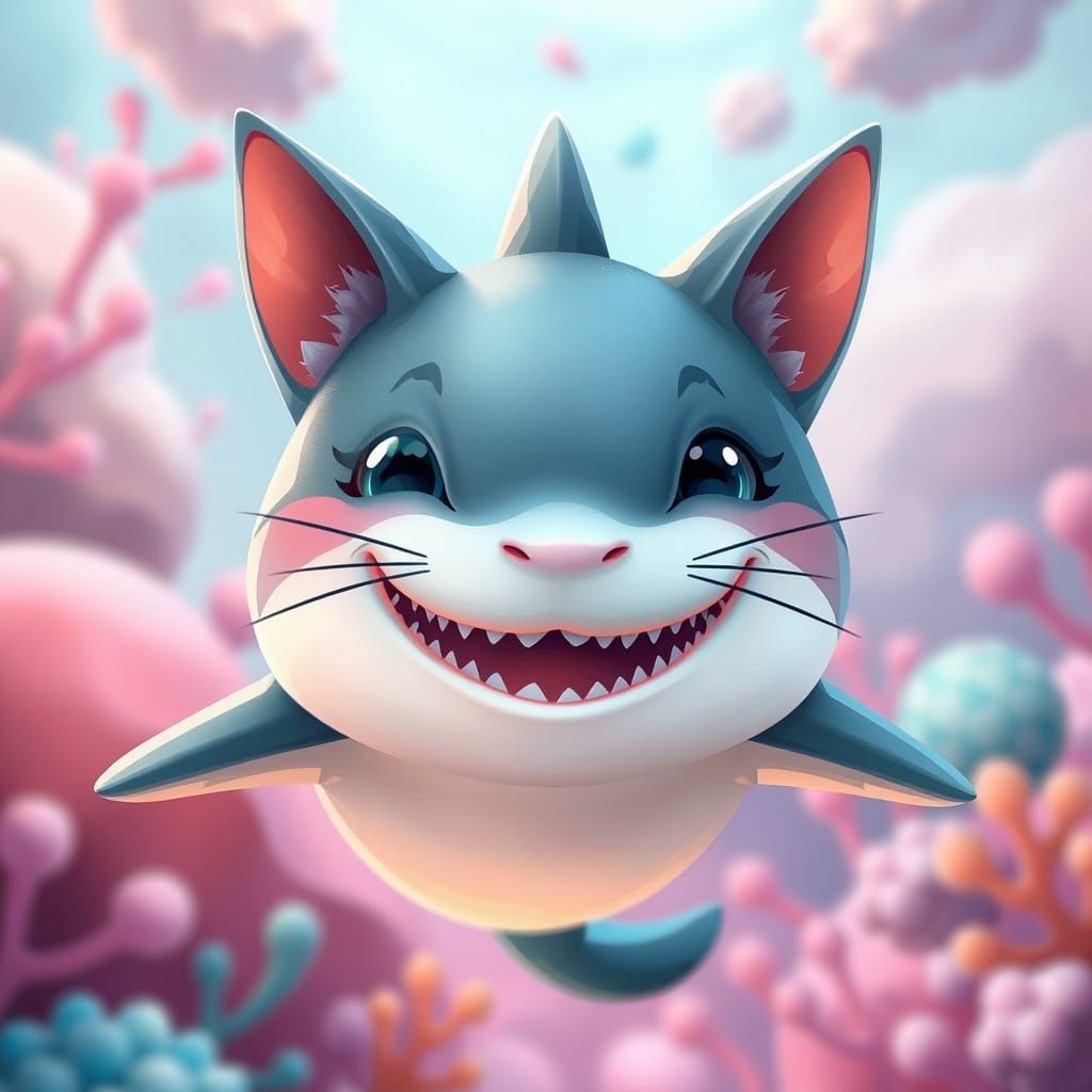 Whimsical Shark with Feline Features in Dreamy Pastel Enviro...