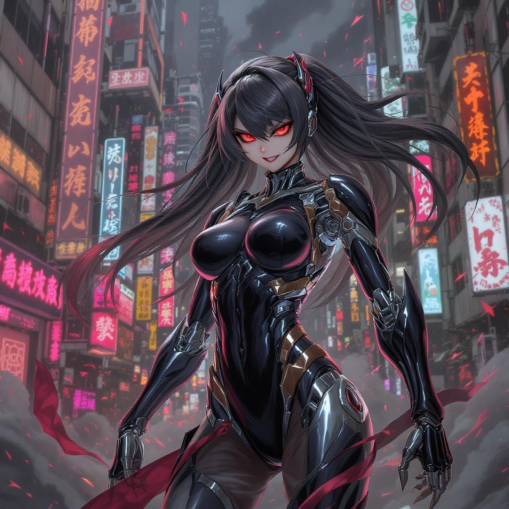 Cyberpunk Android in Dystopian Anime Cityscape