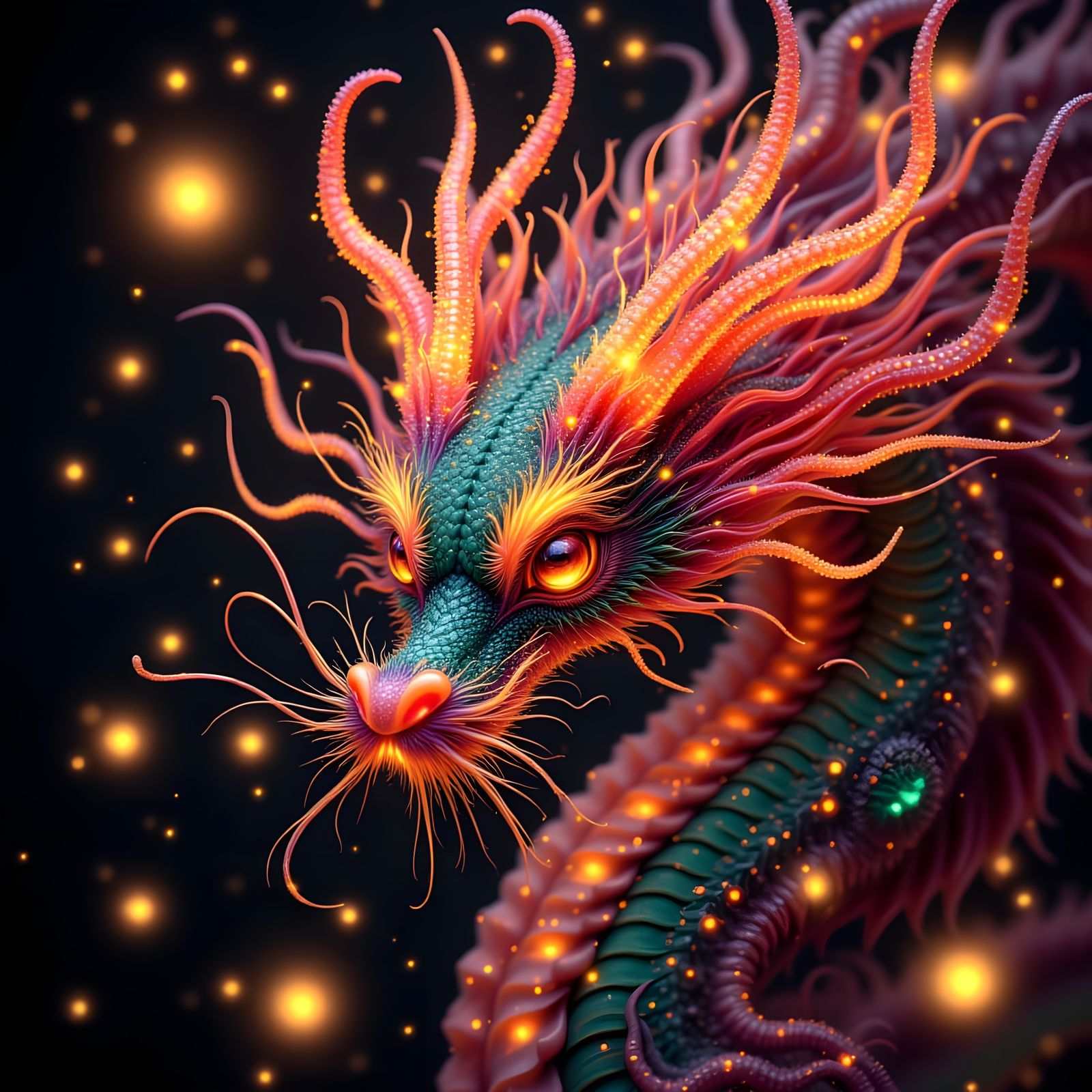 Cyberpunk Chinese Dragon with Fiery Horns and Glowing Scales