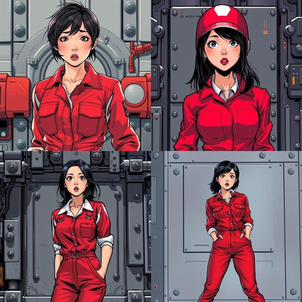 Surprised Woman in Red Jumpsuit, Comic Book Art