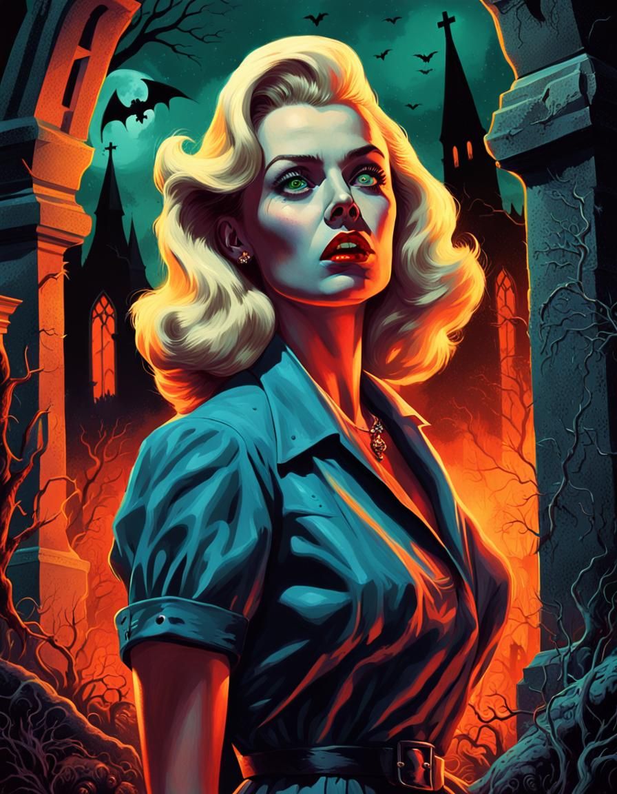 Terrified Blonde in Gothic Graveyard: Pulp Cover Art