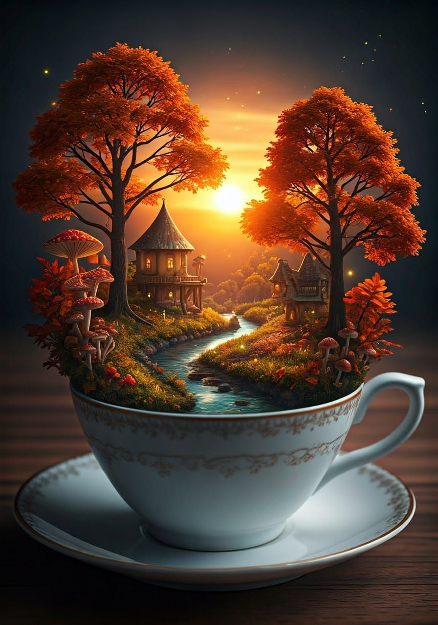 Mystical Autumn World in Teacup, Surreal Fantasy Art