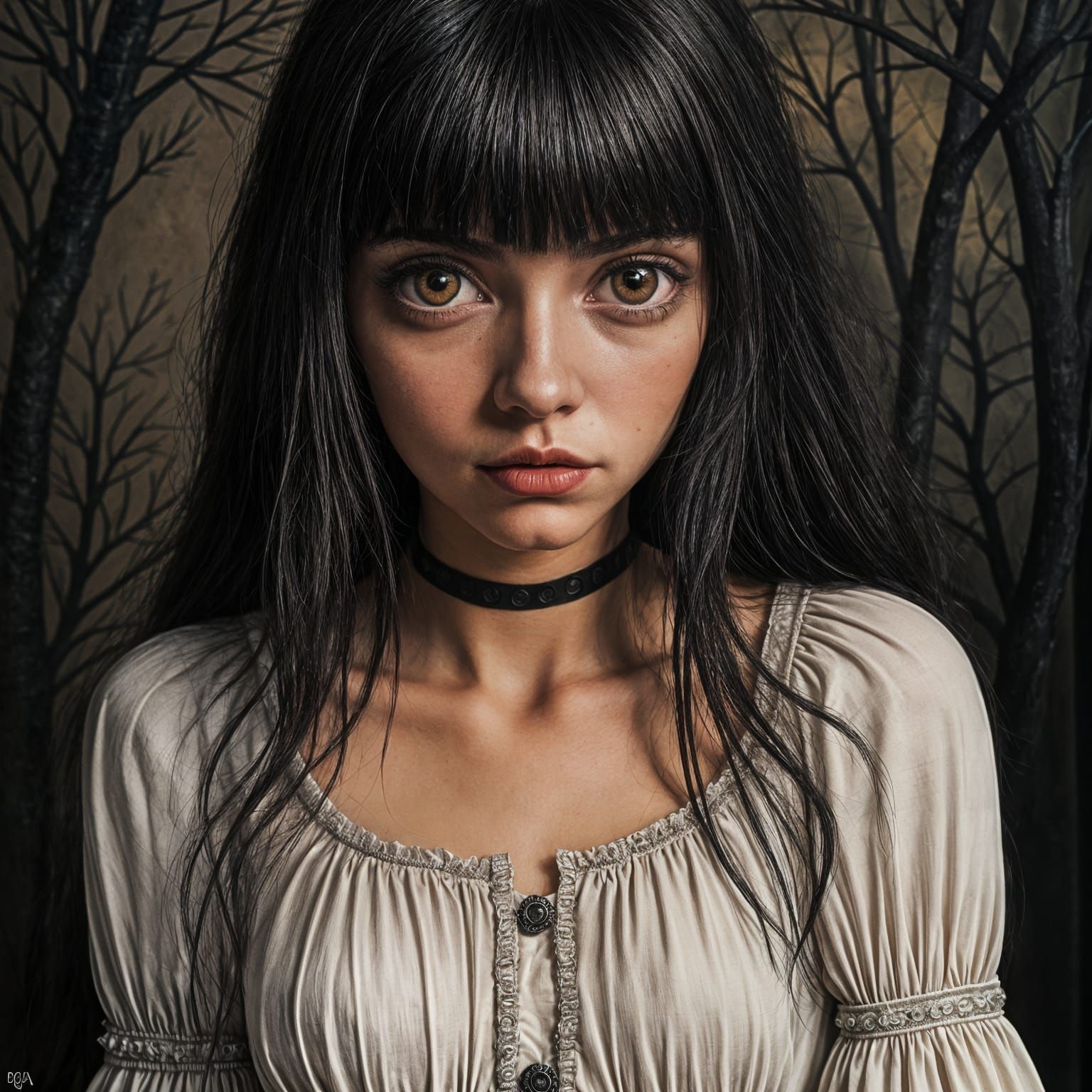 Surreal Gothic Beauty in White Linen, with Raven Hair and Pi...