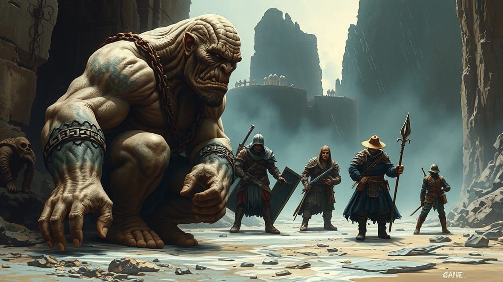 Warriors Charge Ogre in Epic Fantasy Battle