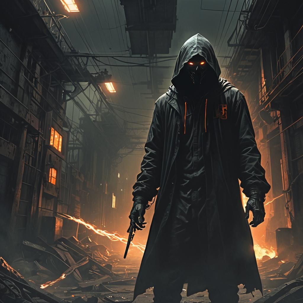 Hooded Figure in Industrial Horror Landscape