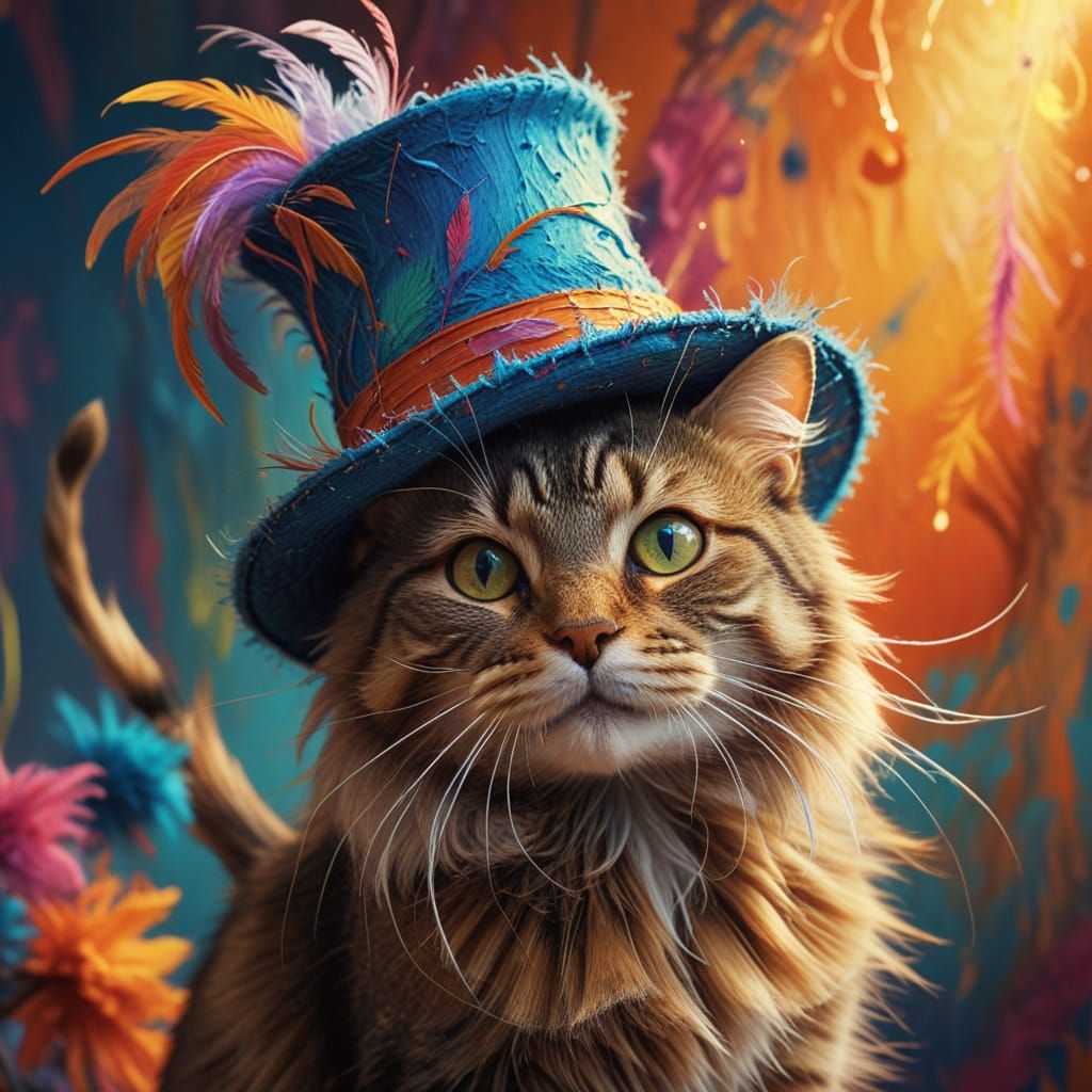 Whimsical Top Hat Cat Chases a Busy Street Rat