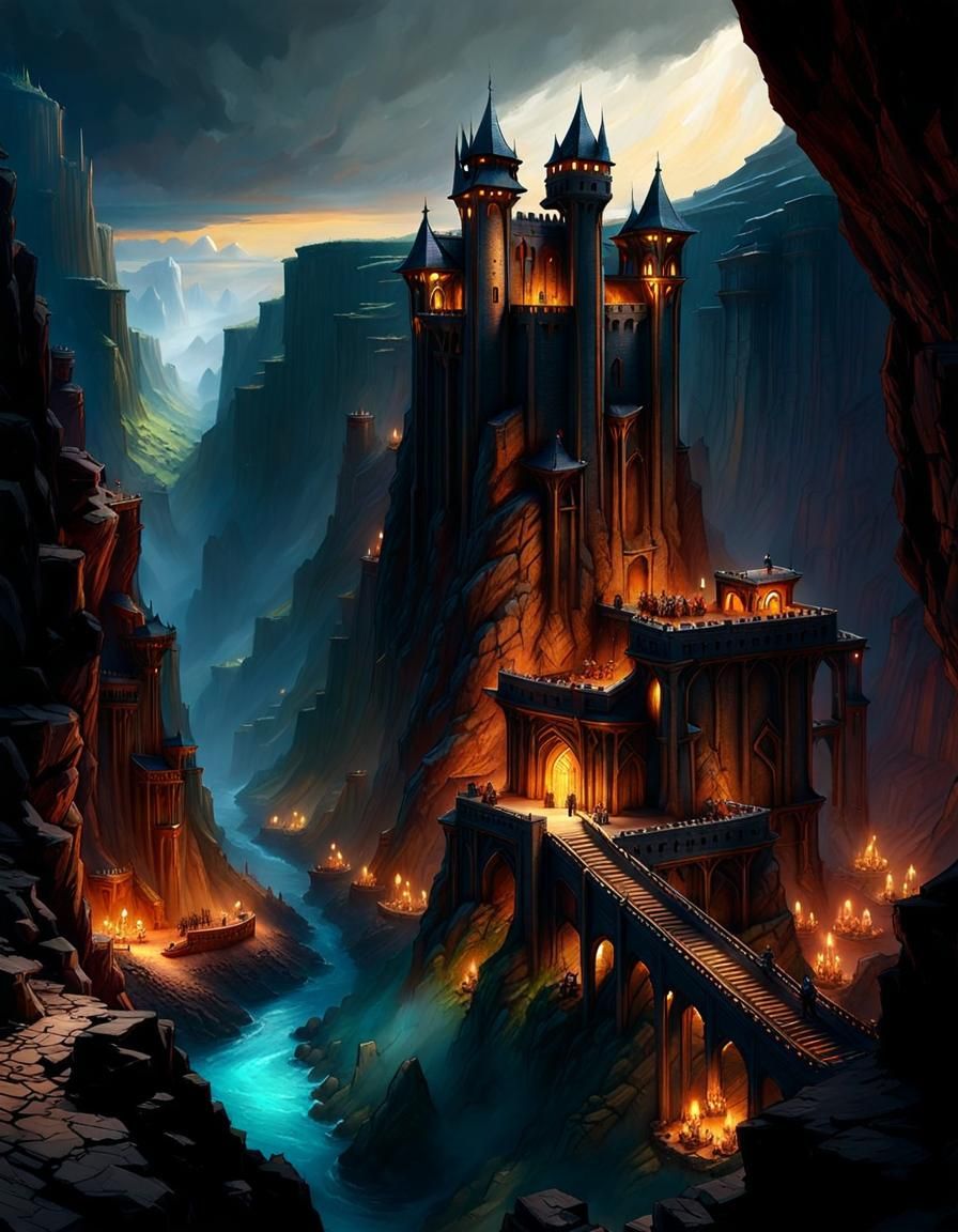 Dwarven Canyon Fortress Art in Detailed Matte Painting Style