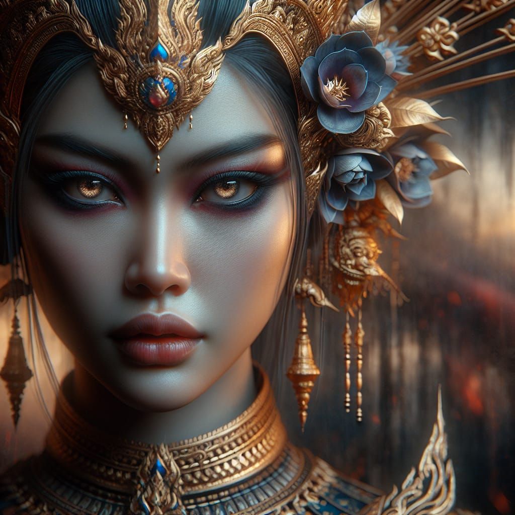 Thai Woman Portrait with Golden Headwear