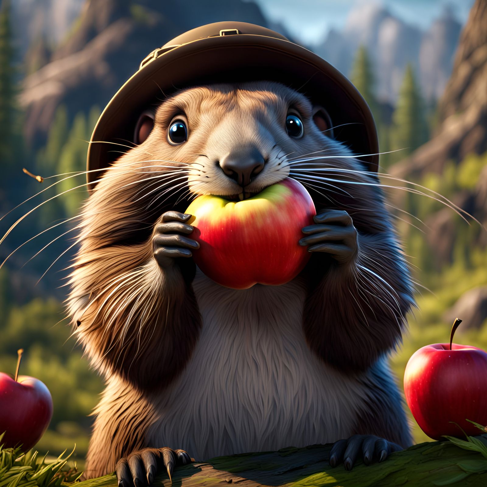 Cartoon Marmot Eating Apple, Detailed Matte Painting