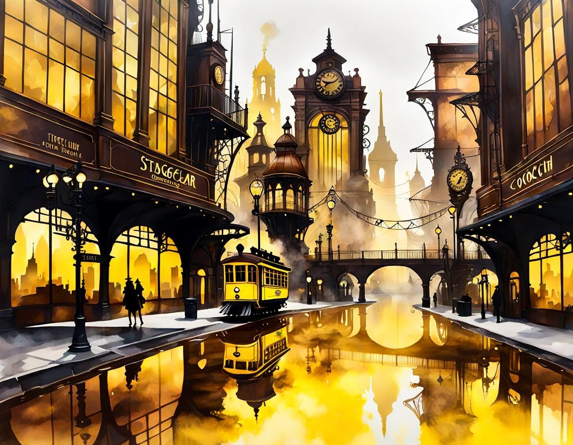 Steampunk Cityscape in Alcohol Ink Style