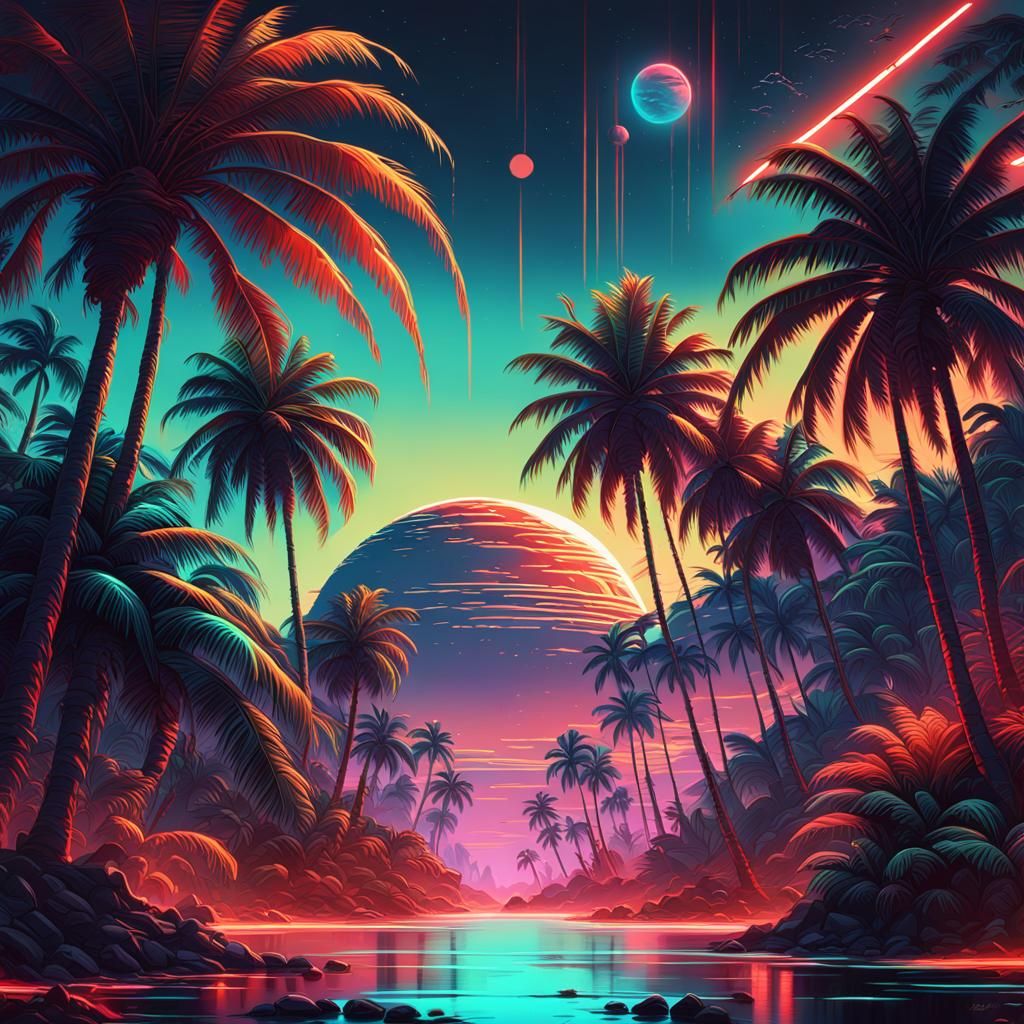 Neon Paradise: Tropical Island Meets Outer Space