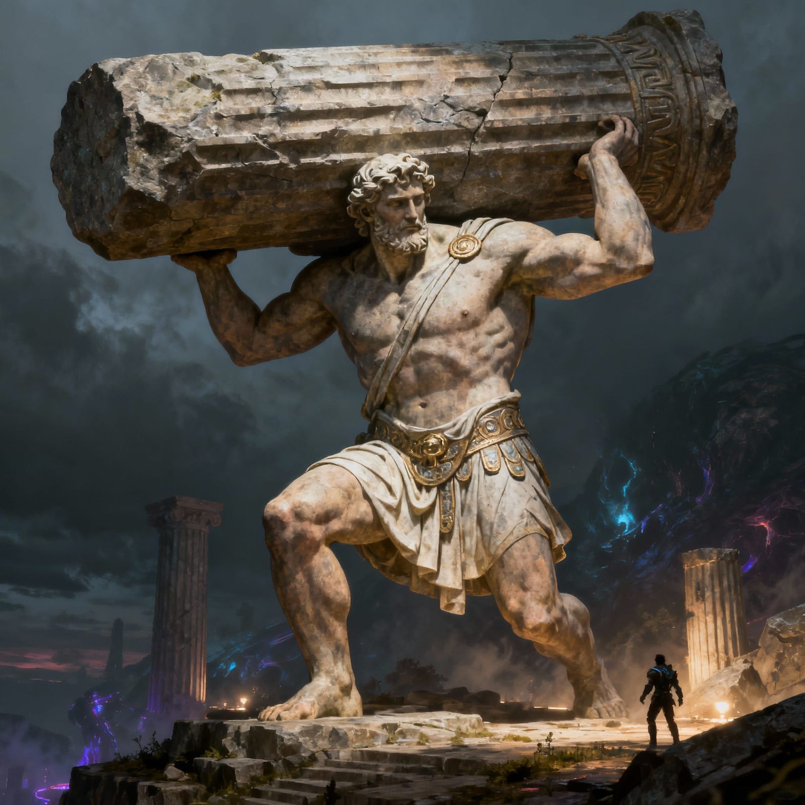 Atlas Carrying Pillar in Classical Realism Fantasy Style