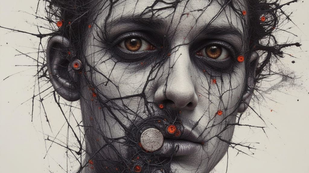 Abstract Portrait with Inkblots and Map Impasto