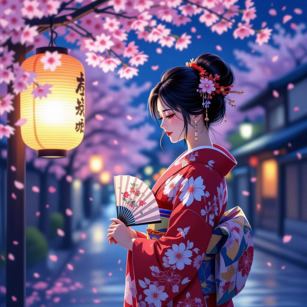 Japanese Woman in Kimono Under Lantern in Digital Art Style