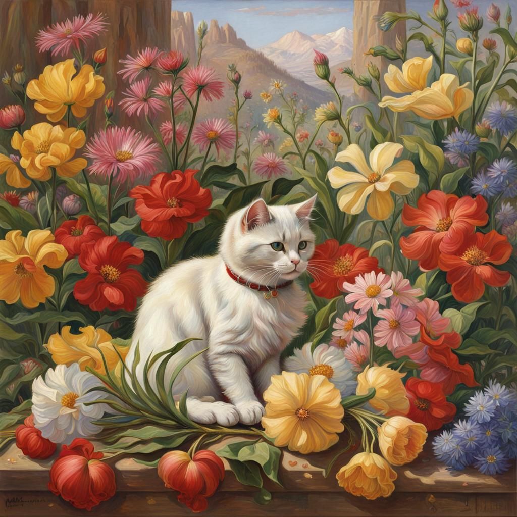 Botanical Cat Portrait with Heart Lights