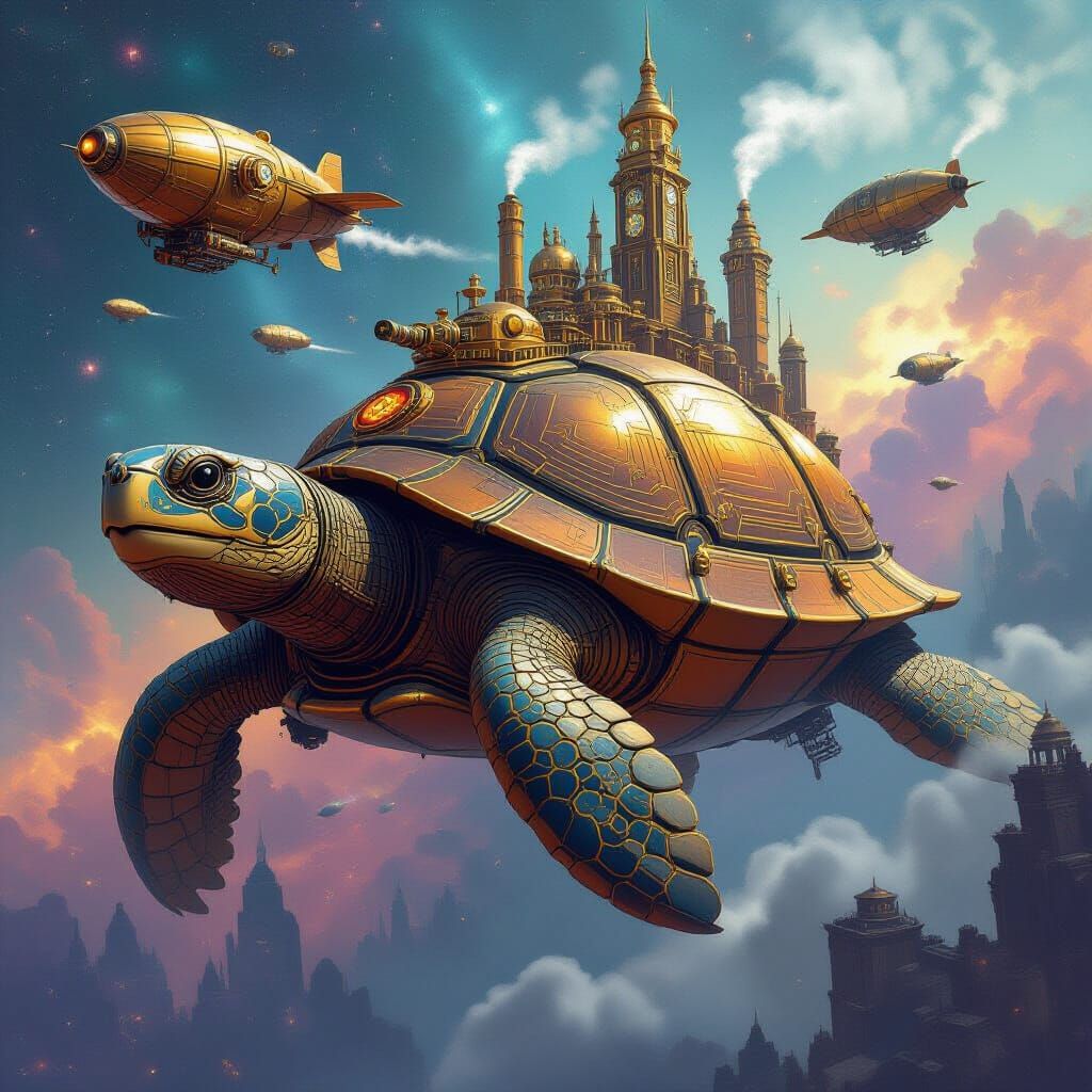 Steampunk City on Giant Turtle in Nebula