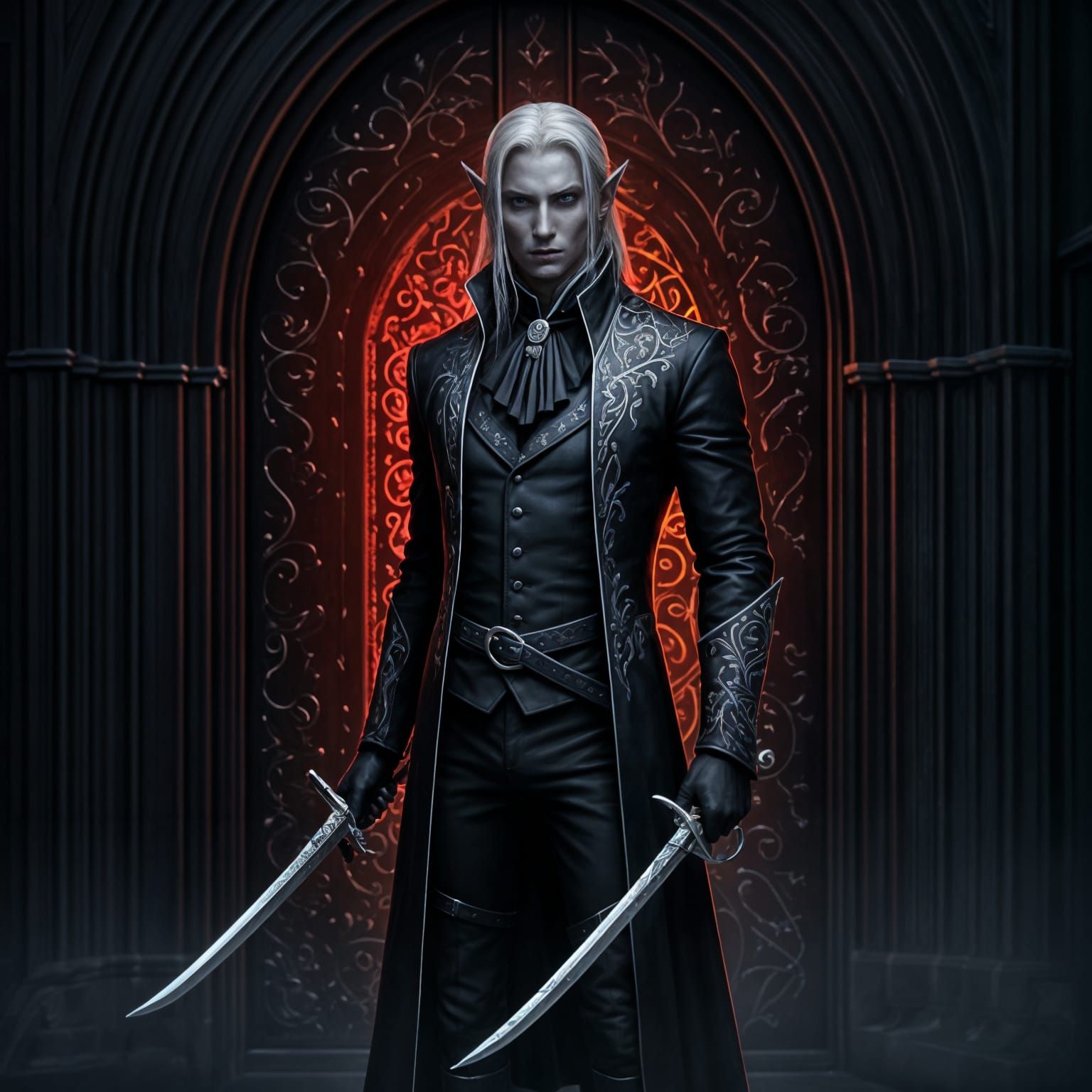 Noble Drow Male with Rapier Before Obsidian Door