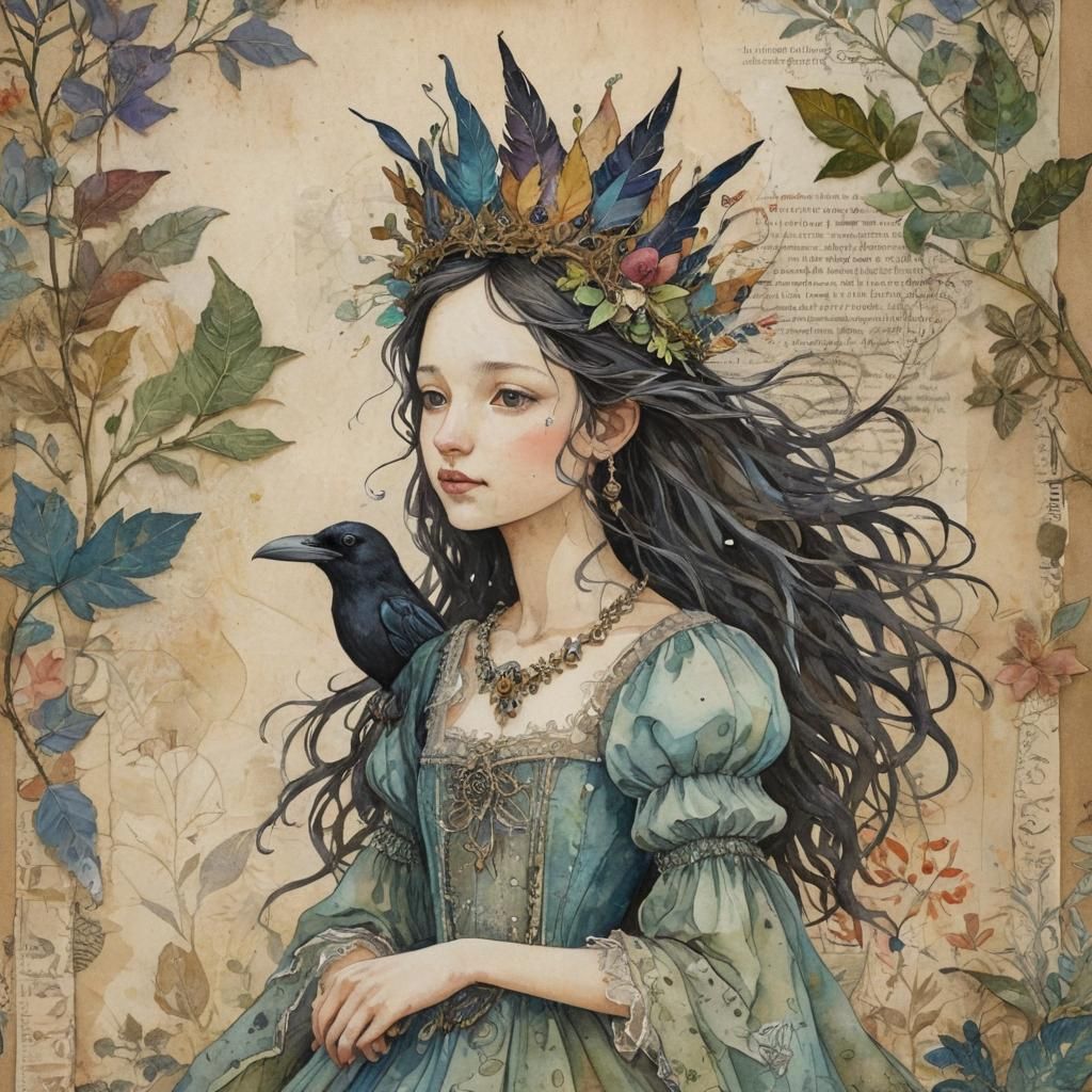Whimsical Princess With Raven Collage Art
