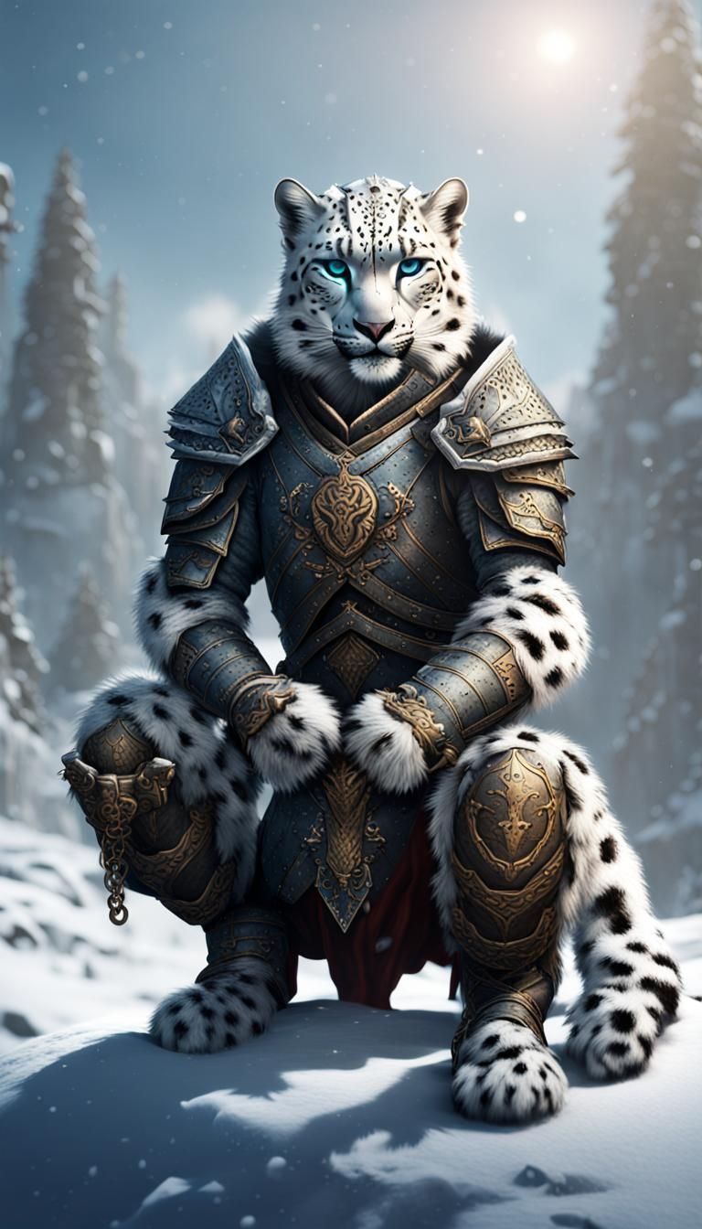 Snow Leopard Warrior in Snowy Skyrim Landscape