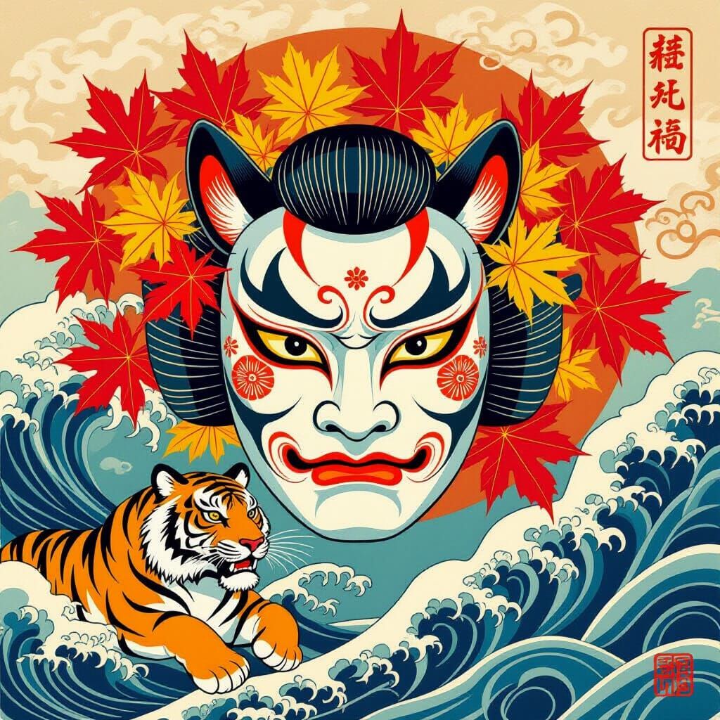 Namanari Mask with Maple Leaves in Ukiyo-e Style